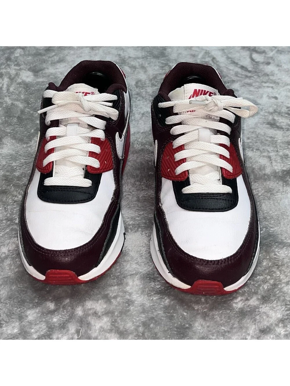 Nike Air Max 90 (GS) Burgundy/White/Black Leather Low Top Sneakers 6Y